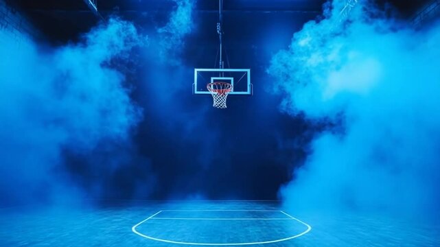 Mysterious illuminated basketball court with neon lights and smoky atmosphere background