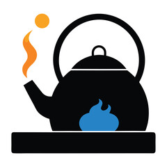 Stylized black kettle with steam and blue flame on white background