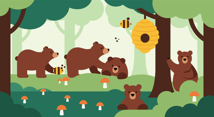 Naklejka premium Cute cartoon bears playing in a sunny forest with mushrooms and bees collecting honey from a hive