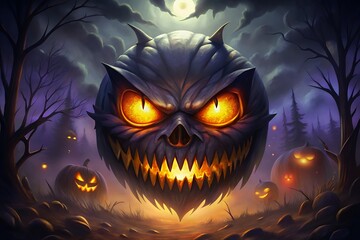 Fototapeta premium Glowing Eyes Halloween Wallpaper Spooky Jack-o'-lantern in Dark Forest