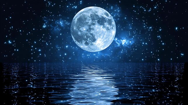 A serene night sky with a full moon reflected on calm water.