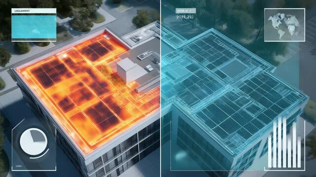 Thermo W&auml;rmebildkamera Drohne entdeckt Sch&auml;den an Solardach &ndash; visuelle Kontrolle per Tablet. K&uuml;nstliche Intelligenz KI
