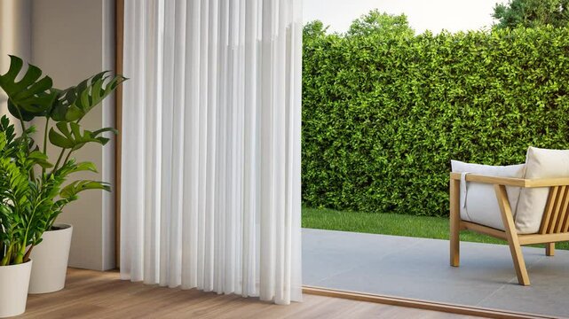 Empty white room with wood-framed glass doors open to garden. Modern house interior 3d rendering.