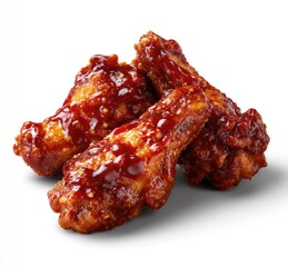 Three glazed chicken wings, close-up, isolated on white