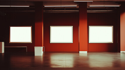 Empty art gallery with red walls and blank frames, creating minimalist . spacious layout invites contemplation and creativity