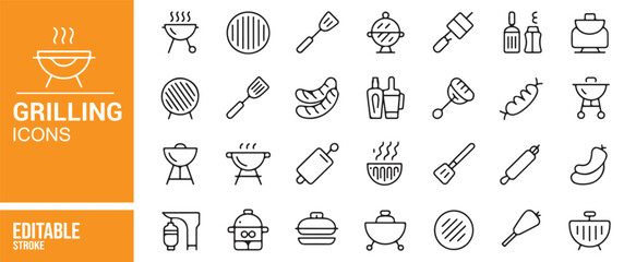 Naklejka premium Editable Grilling Icons for BBQ, Cooking, and Outdoor Food Preparation