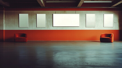 Empty gallery with red walls and two red chairs, creating modern space for art display. minimalistic design invites creativity and inspiration