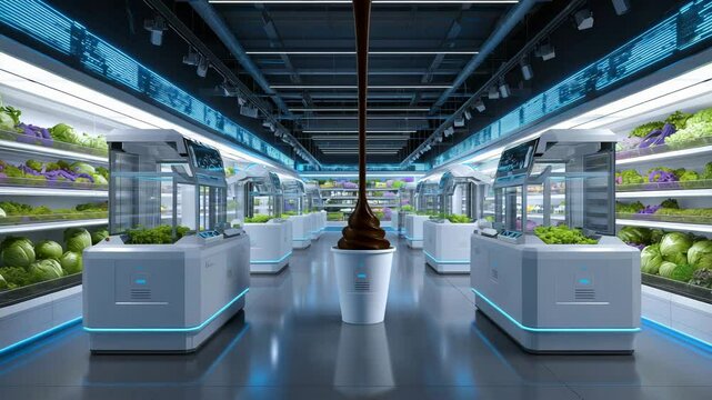 Roboterk&uuml;che bereitet frisches Gericht im Hightech-Supermarkt zu. K&uuml;nstliche Intelligenz KI