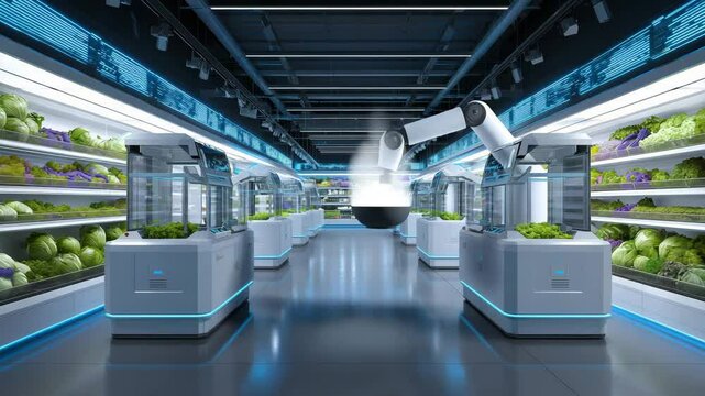 Roboterk&uuml;che bereitet frisches Gericht im Hightech-Supermarkt zu. K&uuml;nstliche Intelligenz KI