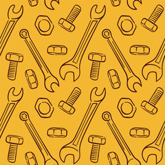 Seamless pattern repair tools in line art style with wrench, bolt, nut and screw on yellow background. Perfect for construction repair store and building design.