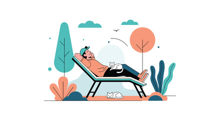 Obraz premium Relaxing Person Enjoying Summer Day Outdoors in Sun Lounge with Cat Companion and Greenery