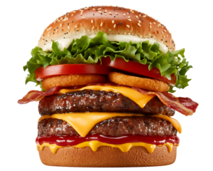 Juicy Double Bacon Cheeseburger with Crispy Onion Rings A Delicious Burger Feast