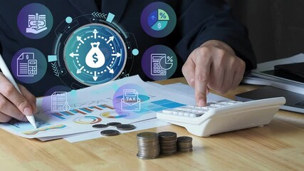  Businesswoman hand using a calculator to handle budgeting and monthly tax calculations. represents financial planning, expense tracking, and accounting in a professional environment.