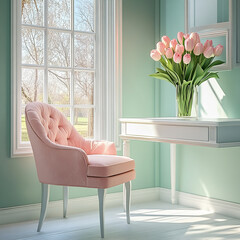 cozy home office featuring pink tufted chair and vase of tulips on white desk. soft pastel colors and natural light create warm and