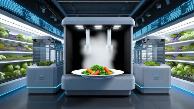 Roboterk&uuml;che bereitet frisches Gericht im Hightech-Supermarkt zu. K&uuml;nstliche Intelligenz KI