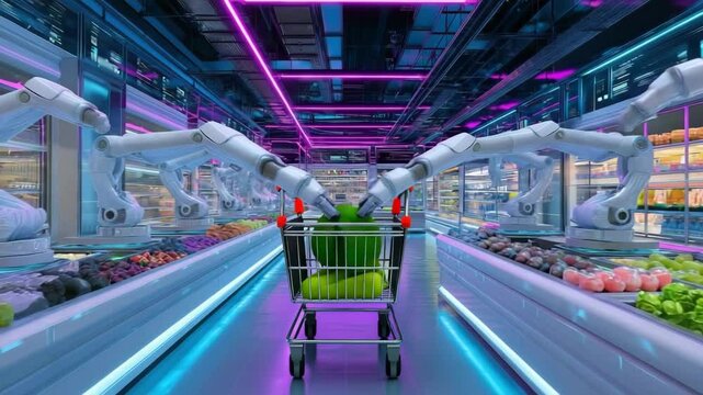 Futuristischer Supermarkt mit Roboterarmen zur automatischen Gem&uuml;sebest&uuml;ckung. K&uuml;nstliche Intelligenz KI
