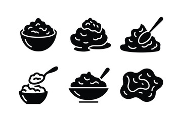 Mashed food in bowls and piles with spoons puree serving