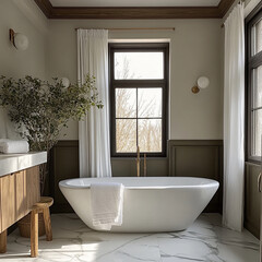 modern bathroom featuring freestanding bathtub, large window, and natural light. space is complemented by wooden vanity, greenery, and elegant decor, creating relaxing
