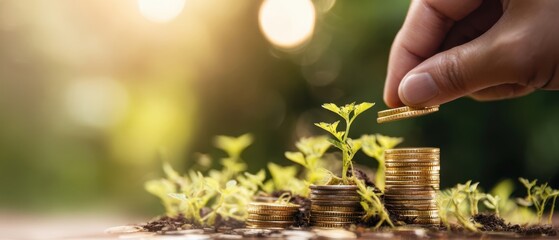 The hand planting coins in growing green plants for financial investment
