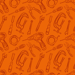 Seamless repair tools pattern in line art style with drill, clamp, pliers, wrench and screwdriver. Perfect for construction repair market and industrial design.