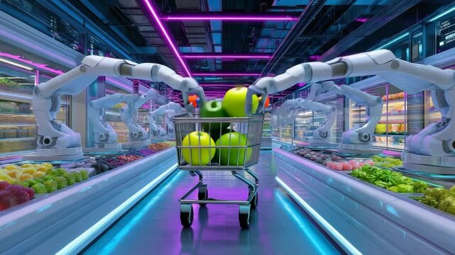 Futuristischer Supermarkt mit Roboterarmen zur automatischen Gem&uuml;sebest&uuml;ckung. K&uuml;nstliche Intelligenz KI