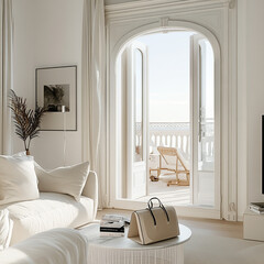 bright and airy living room features elegant decor, large windows, and cozy . open balcony invites natural light, enhancing stylish interior design