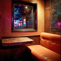 Dimly lit booth with window view