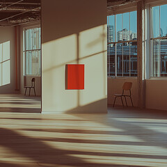 spacious interior with large windows, featuring red square on wall and two chairs. sunlight casts interesting shadows, creating warm and