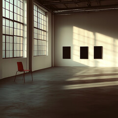 spacious gallery with large windows, red chair, and three blank canvases on wall creates minimalist and modern . sunlight casts interesting shadows on floor