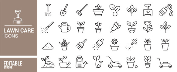 Black Line Art Icons for Lawn Care, Plant Growth, and Garden Tools