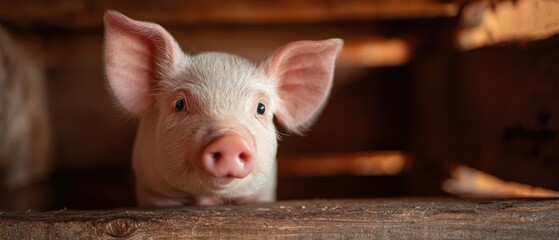 The curious piglet peeking from a rustic wooden barn.