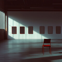 solitary chair in art gallery, illuminated by sunlight, creates striking contrast against empty wall with frames. scene evokes sense of contemplation and minimalism