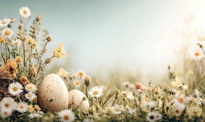 Easter eggs nestled in a meadow of wildflowers under a pale sky
