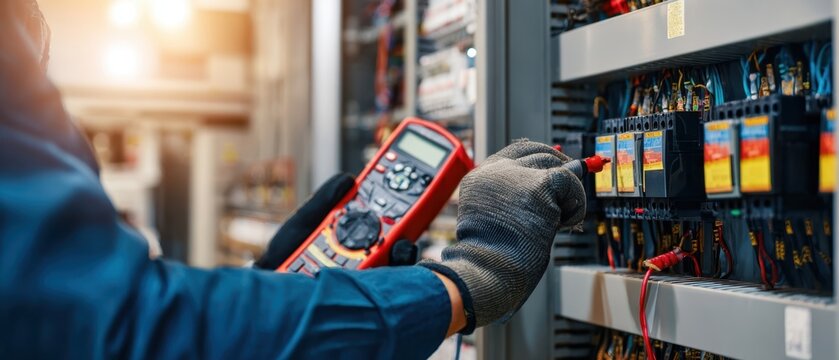 The electrician using a multimeter to check electrical circuits in a control panel.