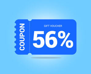56% coupon promotion sale. Fifty six percent Vector Gift Voucher. Blue discount, lucky ticket, special offer promo. Web, shopping label, percent sign. Special price offers.