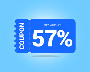 57% coupon promotion sale. Fifty seven percent Vector Gift Voucher. Blue discount, lucky ticket, special offer promo. Web, shopping label, percent sign. Special price offers.