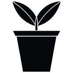 Simple black silhouette of a young plant growing in a pot