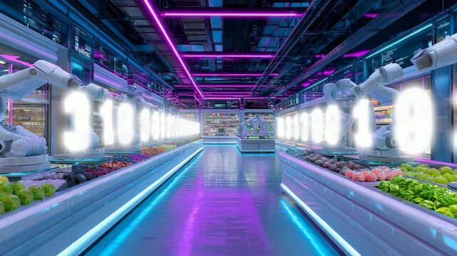 Roboterk&uuml;che bereitet frisches Gericht im Hightech-Supermarkt zu. K&uuml;nstliche Intelligenz KI