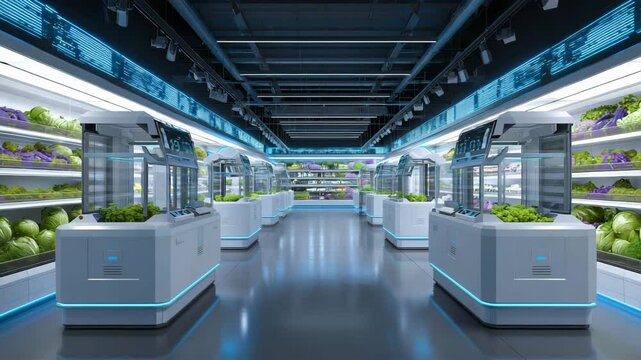 Roboterk&uuml;che bereitet frisches Gericht im Hightech-Supermarkt zu. K&uuml;nstliche Intelligenz KI