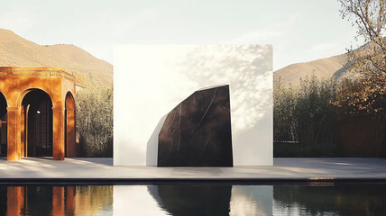 striking minimalist sculpture stands against white wall, surrounded by nature and mountains. setting s modern design and artistic