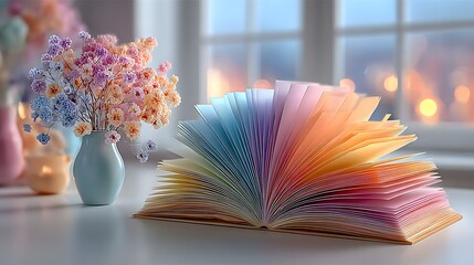 An open book with colorful pages sits next to a vase of pastel flowers