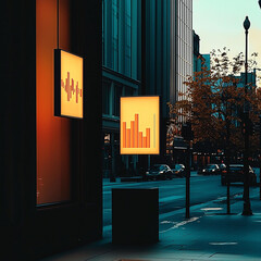 Urban street scene with illuminated signs displaying bar graphs, modern architecture and evening ambiance. warm glow contrasts with cool tones of city