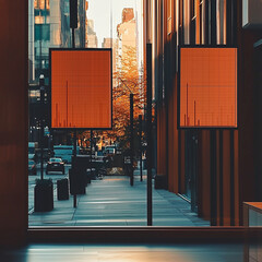 Modern urban scene with glass windows displaying orange graphs, ing city life and autumn foliage outside. warm tones create vibrant