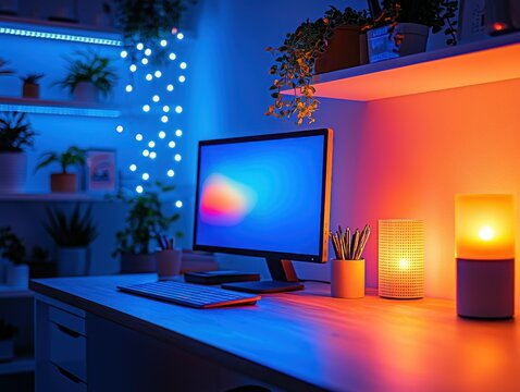 Cozy, lit workspace with plants and tech - Powered by Adobe