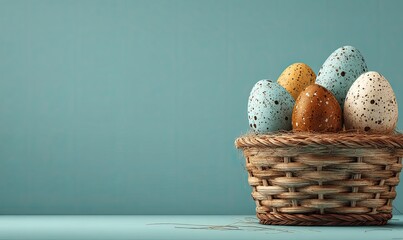 Easter eggs in a woven basket against a teal background