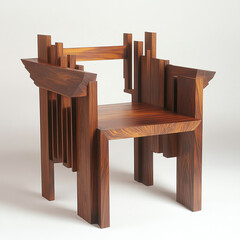 Modern wooden chair with geometric design and rich brown finish, perfect for contemporary interiors. Its unique structure adds bold statement to any space