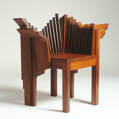 unique wooden chair with striking geometric design, featuring backrest that resembles fan. craftsmanship highlights beauty of wood grain, creating artistic statement piece