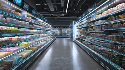 Modernes Lebensmittelsystem mit Hightech-Kühlstationen und digitaler Ernte. Künstliche Intelligenz KI