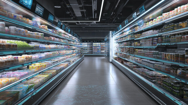 Modernes Lebensmittelsystem mit Hightech-K&uuml;hlstationen und digitaler Ernte. K&uuml;nstliche Intelligenz KI