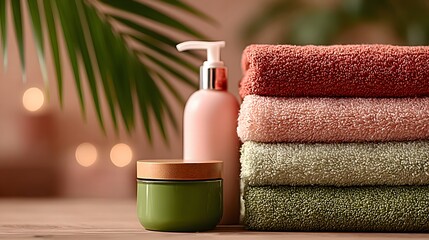 A stack of colorful towels and spa products create a relaxing scene